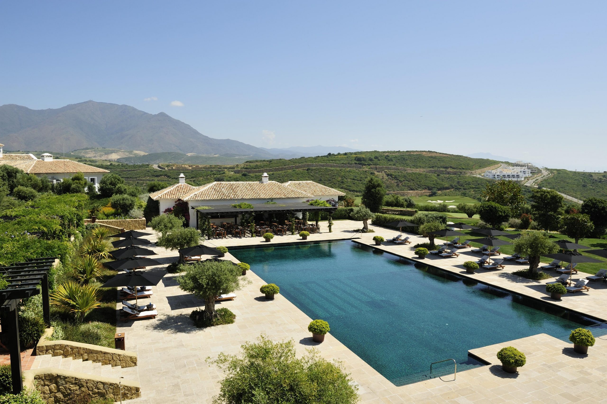 Lounge by the outdoor pool at Finca Cortesin Hotel, Costa del Sol, Spain