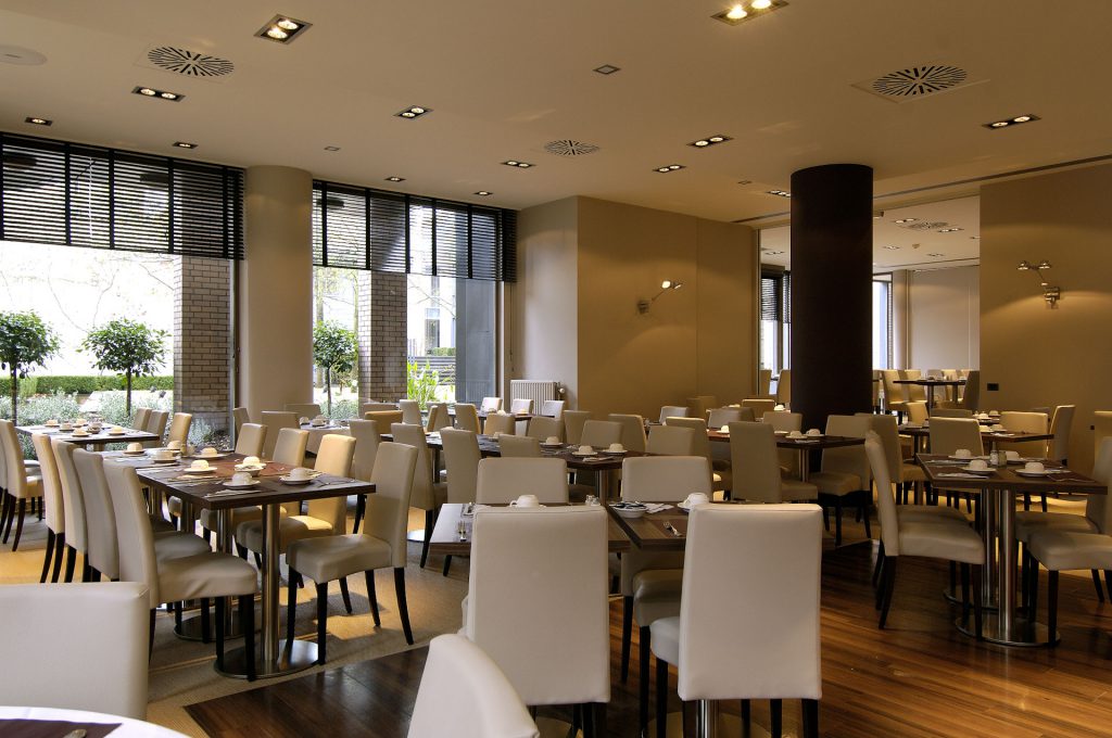 The breakfast room at Martin's Hotel, Bruges, Belgium
