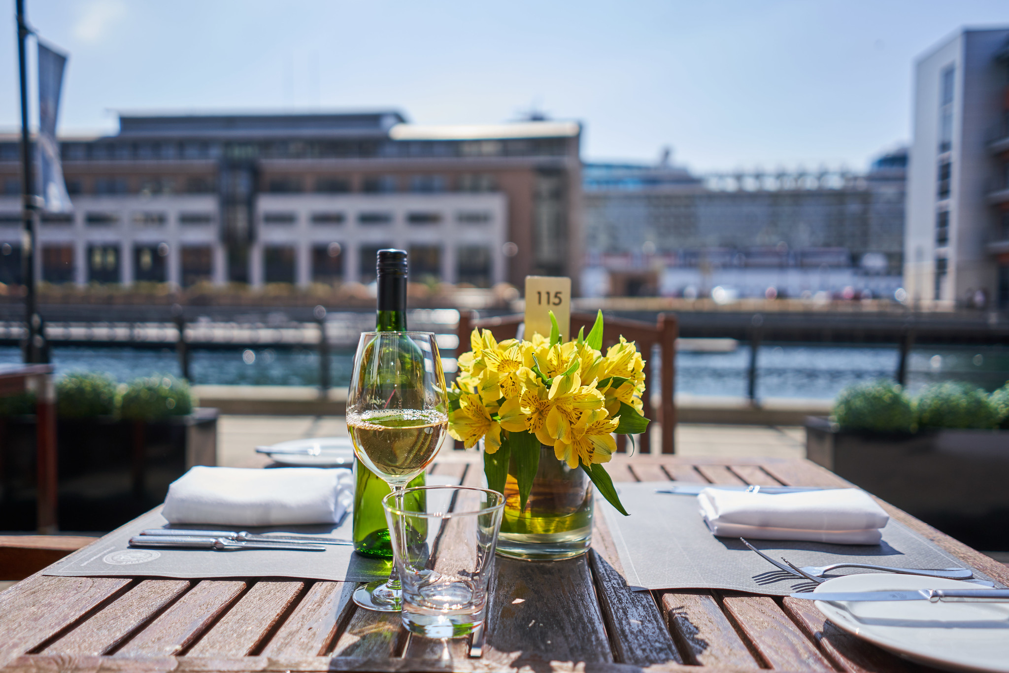Outside dining over the Mersey at Malmaison Hotel, Liverpool, England