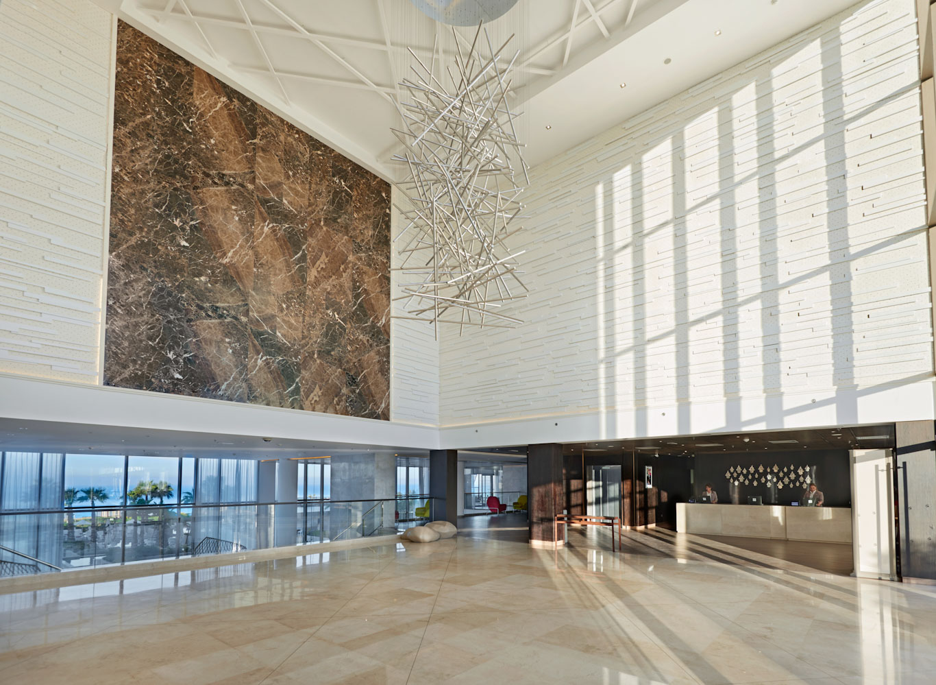 The reception area at the Hyatt Place Hotel, Taghazout Bay, Agadir, overlooking the ocean