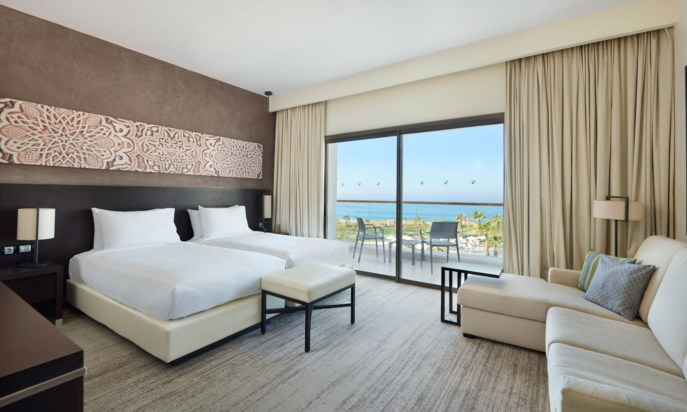 A twin bedroom overlooking the ocean at the Hyatt Place Hotel, Taghazout Bay, Agadir, Morocco