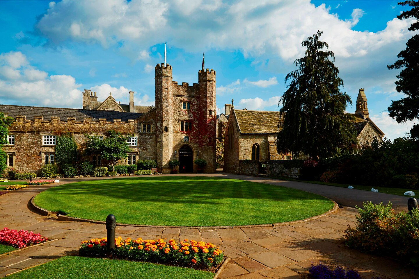 The castle like exterior of Marriott St Pierre Hotel and Country Club, Chepstow, England